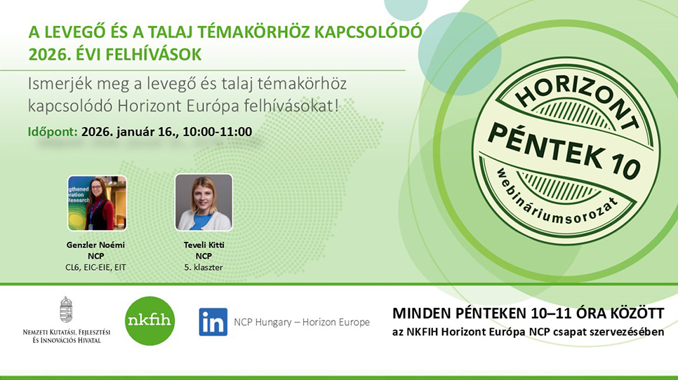 HorizontPéntek10 - A Horizont Európa levegő és talaj témakörhöz kapcsolódó 2026. évi pályázati felhívásai (2026. január 16.)